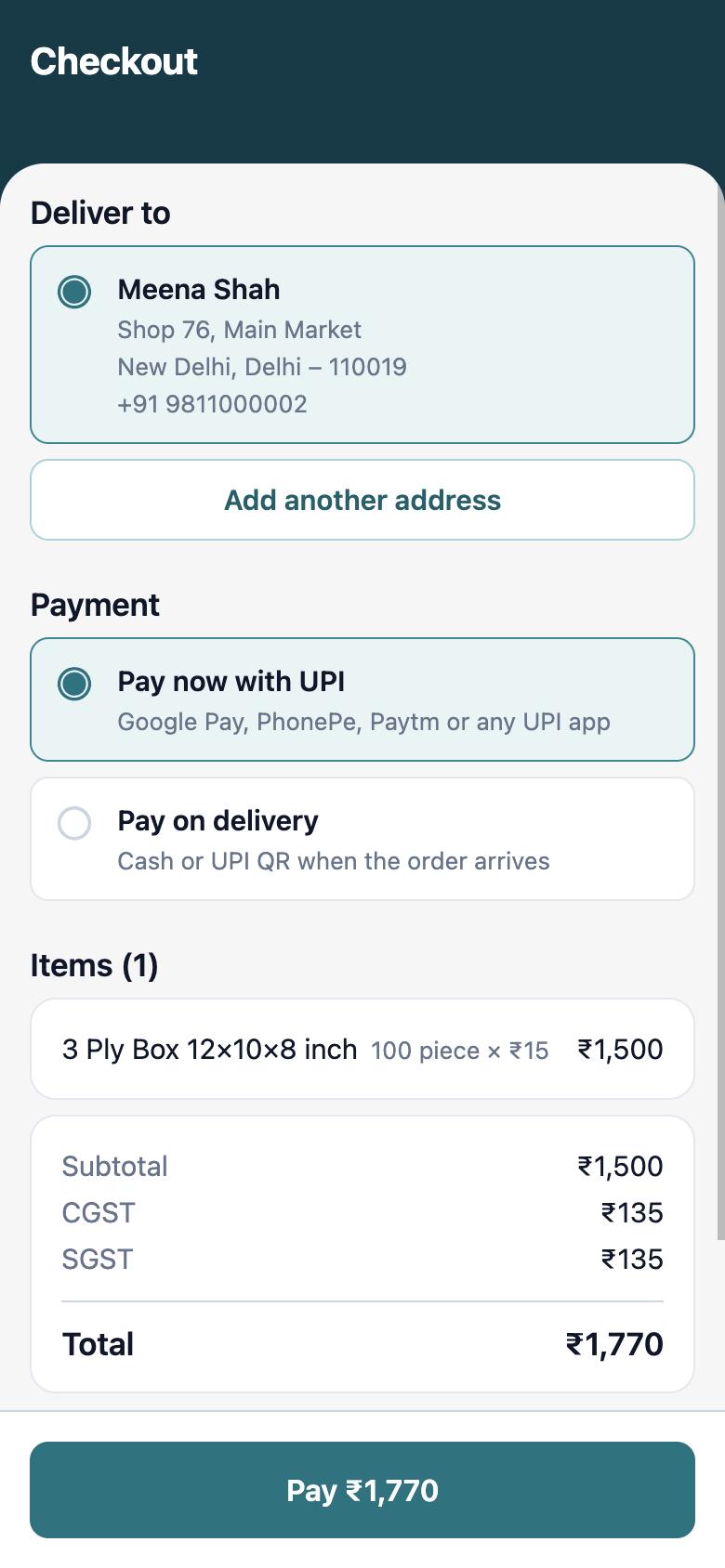 Checkout screen with delivery address and payment options
